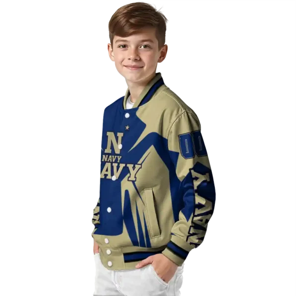 personalized navy midshipmen spider mark blue gold varsity jacket trendy.webp