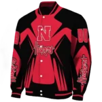 personalized nebraska cornhuskers spider mark red black varsity jacket best selling.webp