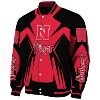 personalized nebraska cornhuskers spider mark red black varsity jacket best selling.webp