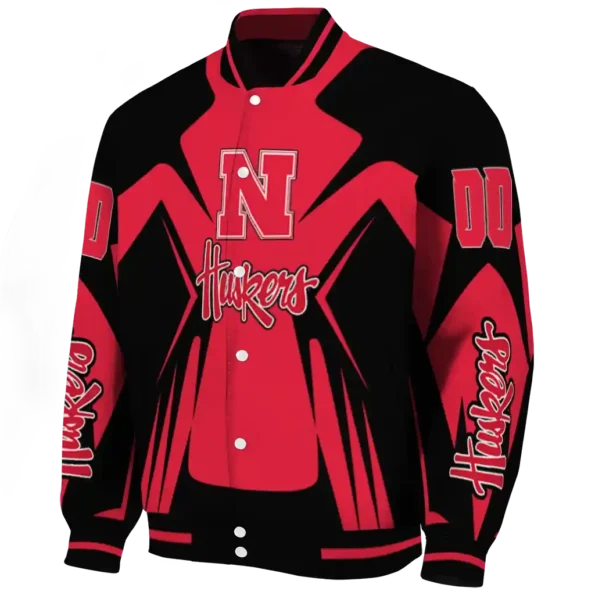 personalized nebraska cornhuskers spider mark red black varsity jacket best selling.webp