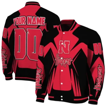 personalized nebraska cornhuskers spider mark red black varsity jacket fashion forward.webp