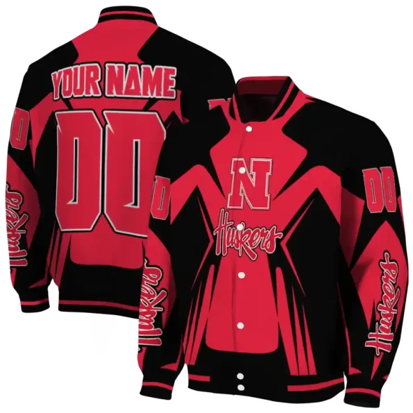 personalized nebraska cornhuskers spider mark red black varsity jacket fashion forward.webp