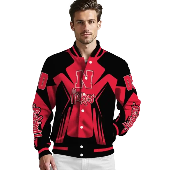 personalized nebraska cornhuskers spider mark red black varsity jacket high quality.webp