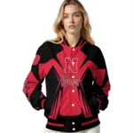 personalized nebraska cornhuskers spider mark red black varsity jacket best selling.webp