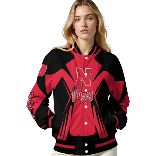 personalized nebraska cornhuskers spider mark red black varsity jacket latest model.webp