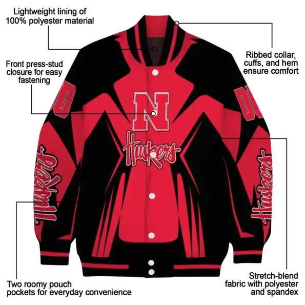 personalized nebraska cornhuskers spider mark red black varsity jacket new arrival.webp