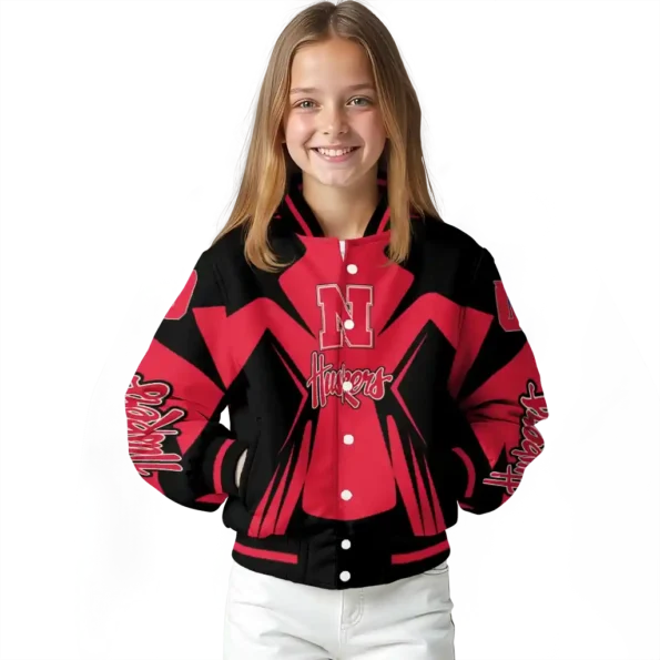personalized nebraska cornhuskers spider mark red black varsity jacket top rated.webp