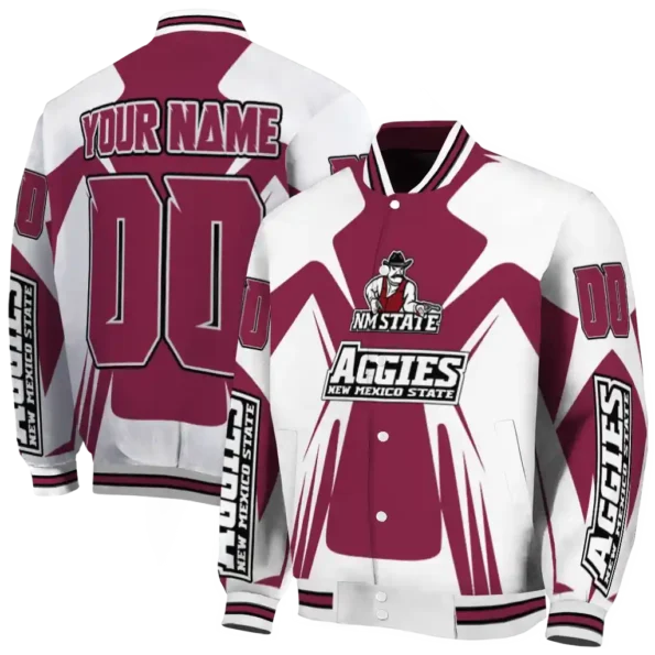 personalized new mexico state aggies spider mark crimson white varsity jacket fashion forward.webp