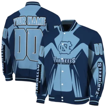 personalized north carolina tar heels spider mark light blue navy blue varsity jacket fashion forward.webp