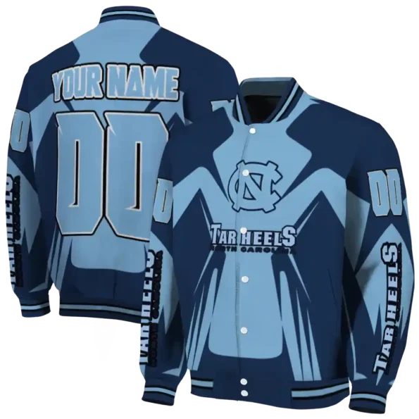 personalized north carolina tar heels spider mark light blue navy blue varsity jacket fashion forward.webp