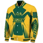 personalized north dakota state bison spider mark green yellow varsity jacket best selling.webp