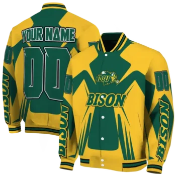 personalized north dakota state bison spider mark green yellow varsity jacket fashion forward.webp