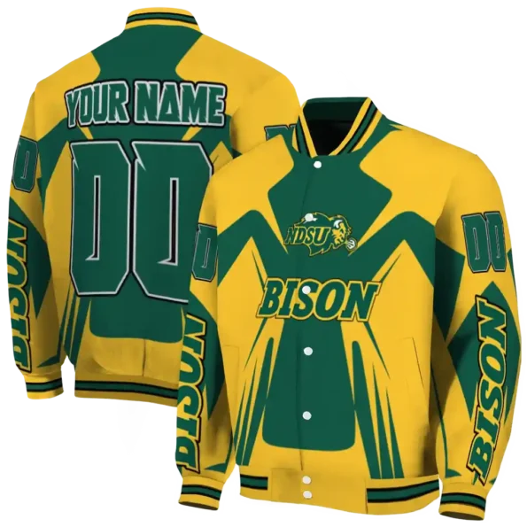 personalized north dakota state bison spider mark green yellow varsity jacket fashion forward.webp