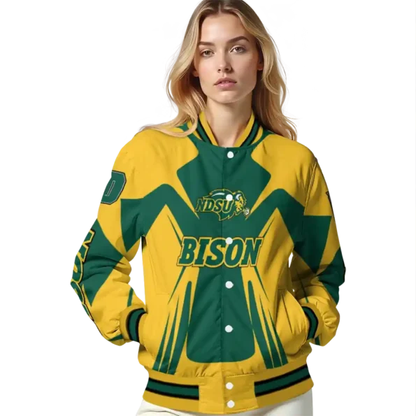 personalized north dakota state bison spider mark green yellow varsity jacket latest model.webp