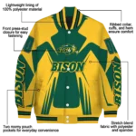 personalized north dakota state bison spider mark green yellow varsity jacket best selling.webp