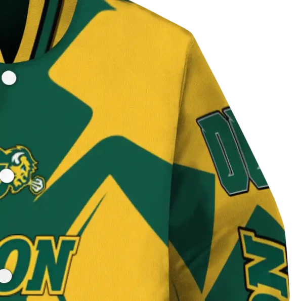 personalized north dakota state bison spider mark green yellow varsity jacket premium grade.webp
