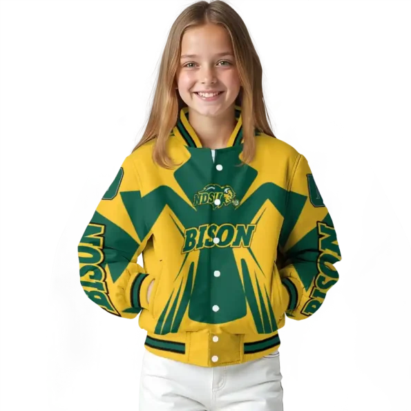 personalized north dakota state bison spider mark green yellow varsity jacket top rated.webp