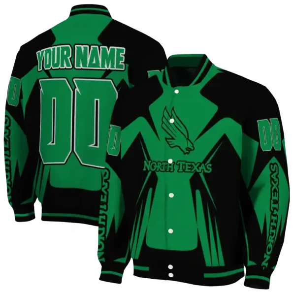 personalized north texas mean green spider mark green black varsity jacket fashion forward.webp