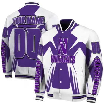 personalized northwestern wildcats spider mark purple white varsity jacket fashion forward.webp