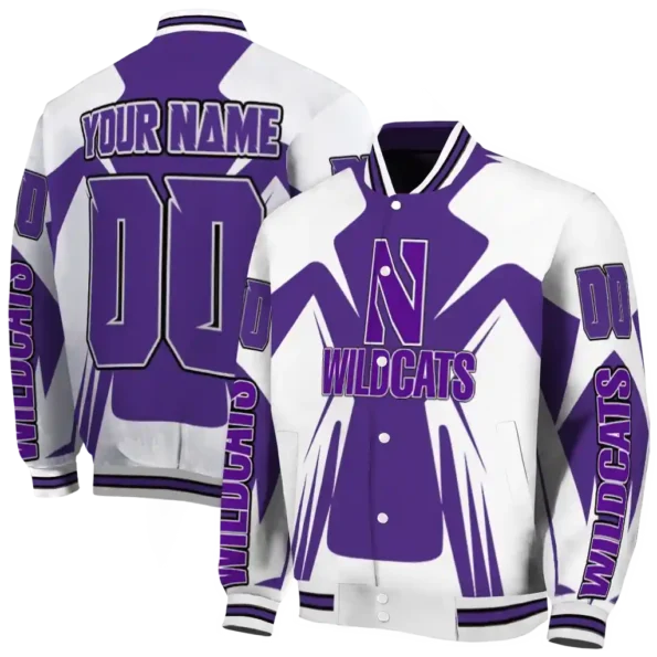 personalized northwestern wildcats spider mark purple white varsity jacket fashion forward.webp