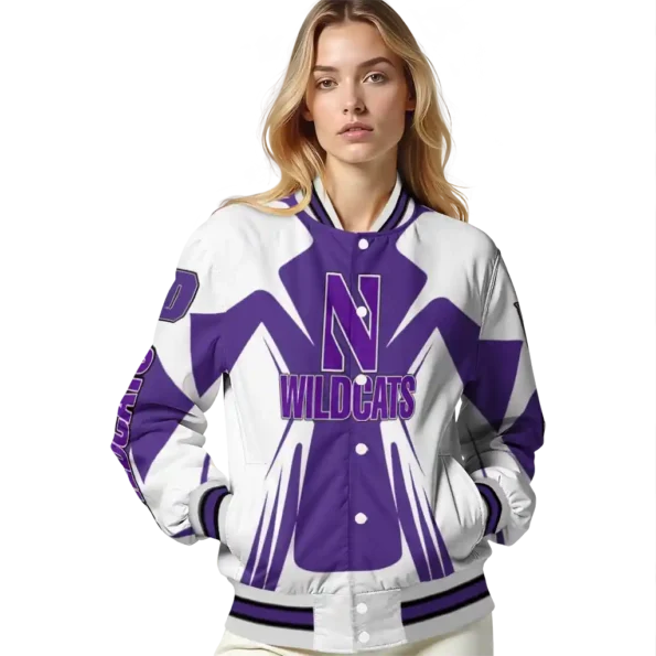 personalized northwestern wildcats spider mark purple white varsity jacket latest model.webp
