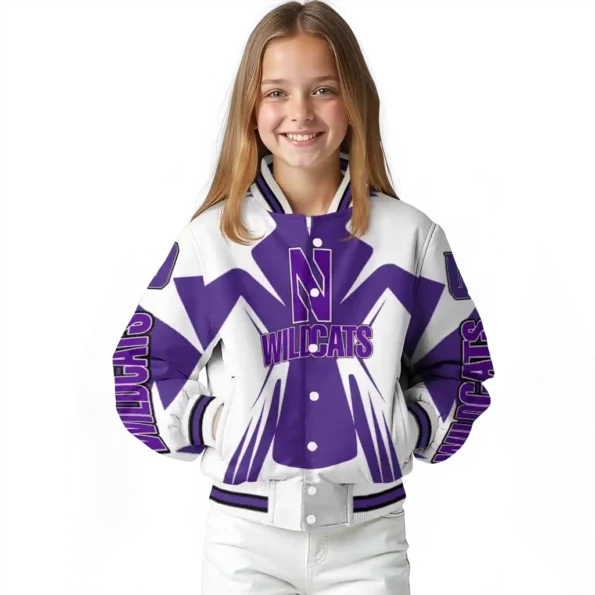 personalized northwestern wildcats spider mark purple white varsity jacket top rated.webp