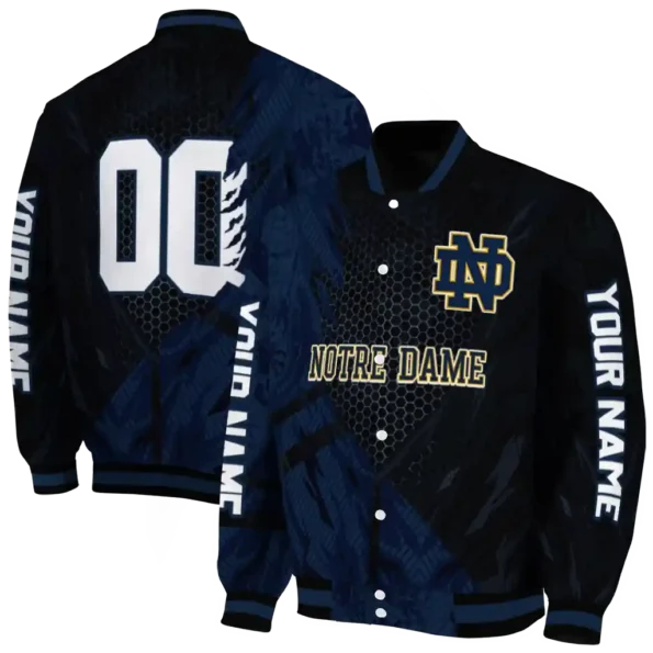personalized notre dame fighting irish hexagon mesh navy black varsity jacket fashion forward.webp