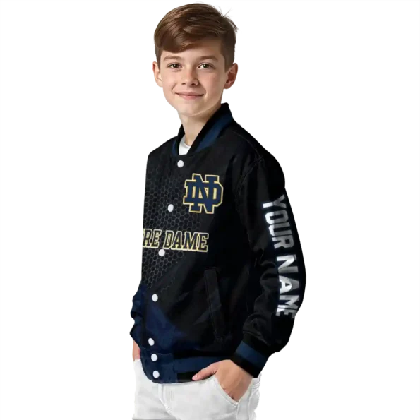 personalized notre dame fighting irish hexagon mesh navy black varsity jacket trendy.webp