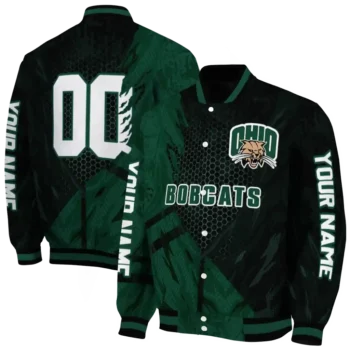 personalized ohio bobcats hexagon mesh green black varsity jacket fashion forward.webp