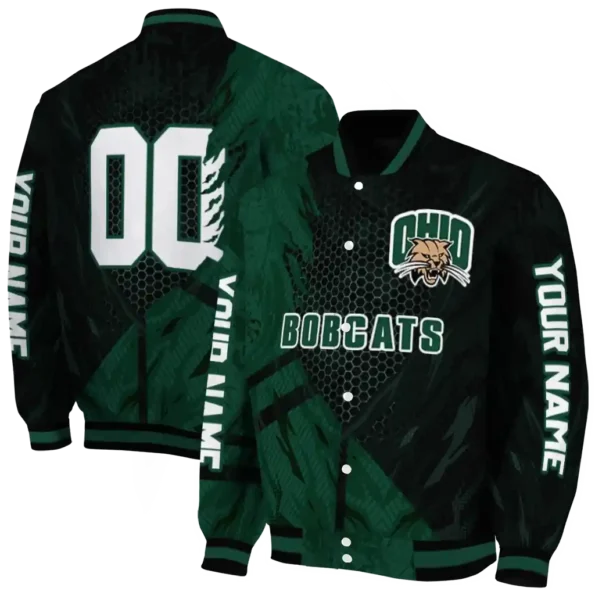personalized ohio bobcats hexagon mesh green black varsity jacket fashion forward.webp