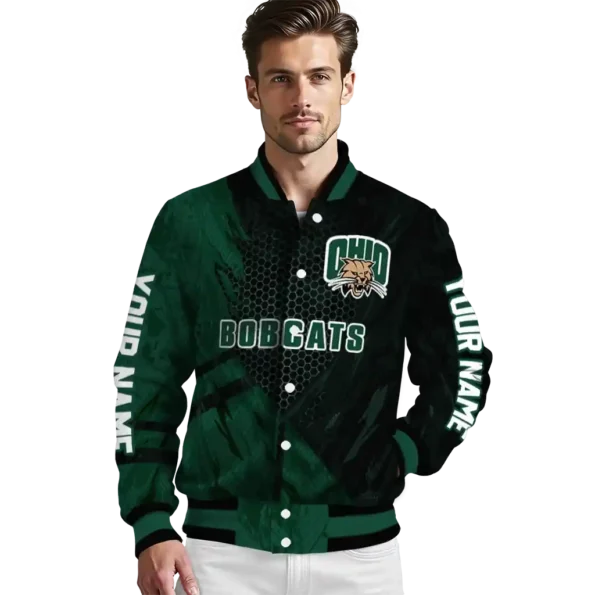personalized ohio bobcats hexagon mesh green black varsity jacket high quality.webp