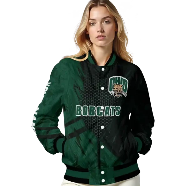 personalized ohio bobcats hexagon mesh green black varsity jacket latest model.webp