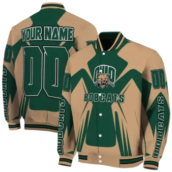 personalized ohio bobcats spider mark green tan varsity jacket fashion forward.webp