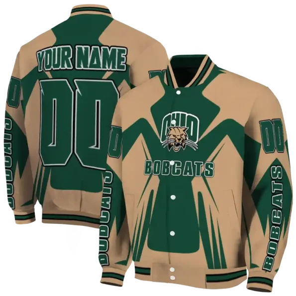 personalized ohio bobcats spider mark green tan varsity jacket fashion forward.webp