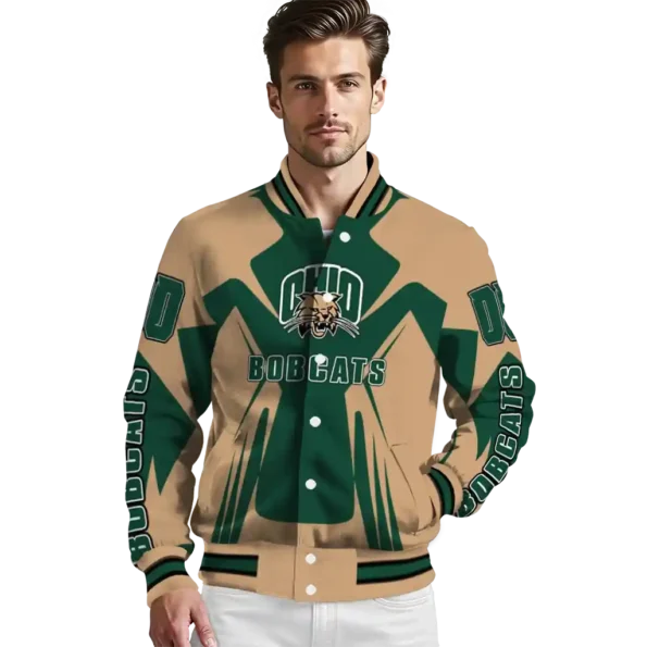 personalized ohio bobcats spider mark green tan varsity jacket high quality.webp