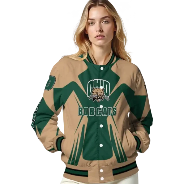 personalized ohio bobcats spider mark green tan varsity jacket latest model.webp