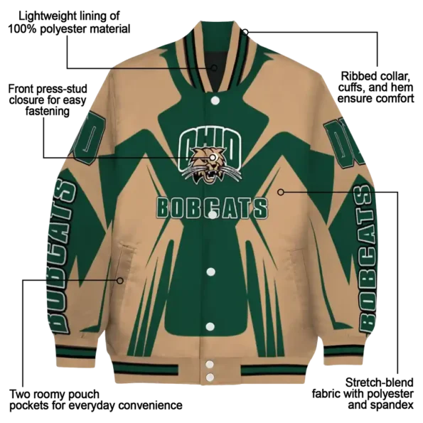 personalized ohio bobcats spider mark green tan varsity jacket new arrival.webp