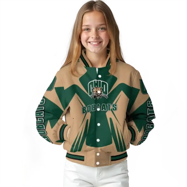 personalized ohio bobcats spider mark green tan varsity jacket top rated.webp