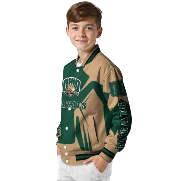personalized ohio bobcats spider mark green tan varsity jacket trendy.webp