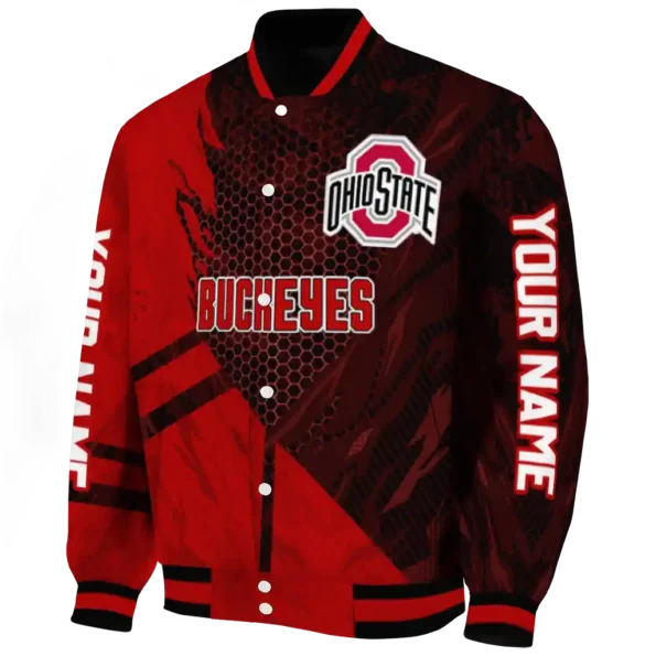 personalized ohio state buckeyes hexagon mesh scarlet black varsity jacket best selling.webp
