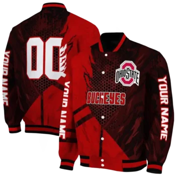 personalized ohio state buckeyes hexagon mesh scarlet black varsity jacket fashion forward.webp