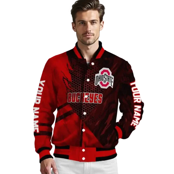personalized ohio state buckeyes hexagon mesh scarlet black varsity jacket high quality.webp