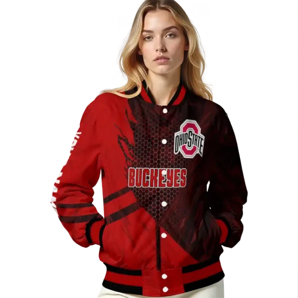 personalized ohio state buckeyes hexagon mesh scarlet black varsity jacket latest model.webp