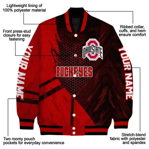 personalized ohio state buckeyes hexagon mesh scarlet black varsity jacket new arrival.webp