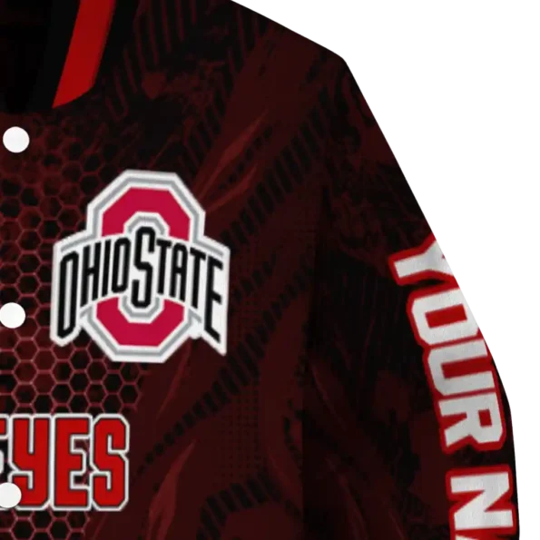 personalized ohio state buckeyes hexagon mesh scarlet black varsity jacket premium grade.webp