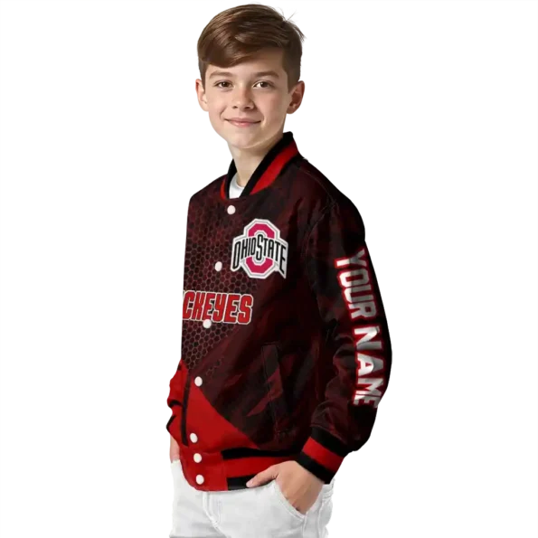 personalized ohio state buckeyes hexagon mesh scarlet black varsity jacket trendy.webp