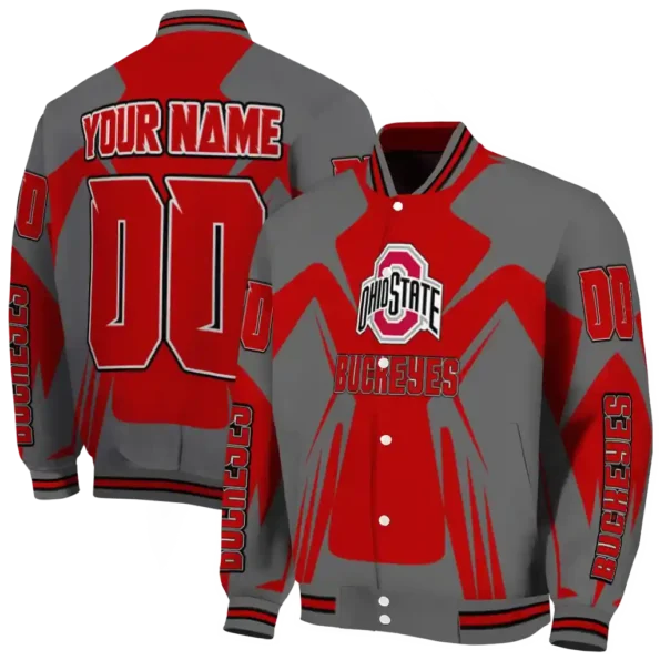 personalized ohio state buckeyes spider mark scarlet gray varsity jacket fashion forward.webp