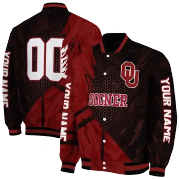 personalized oklahoma sooners hexagon mesh crimson black varsity jacket fashion forward.webp