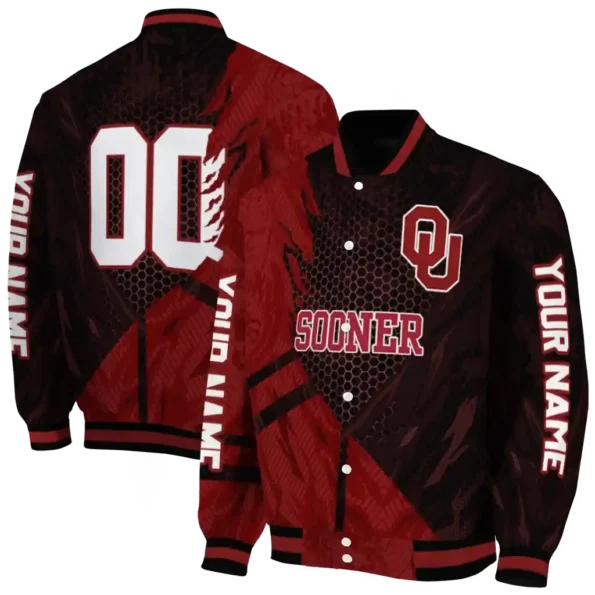 personalized oklahoma sooners hexagon mesh crimson black varsity jacket fashion forward.webp