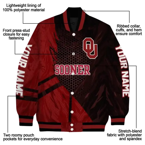 personalized oklahoma sooners hexagon mesh crimson black varsity jacket new arrival.webp